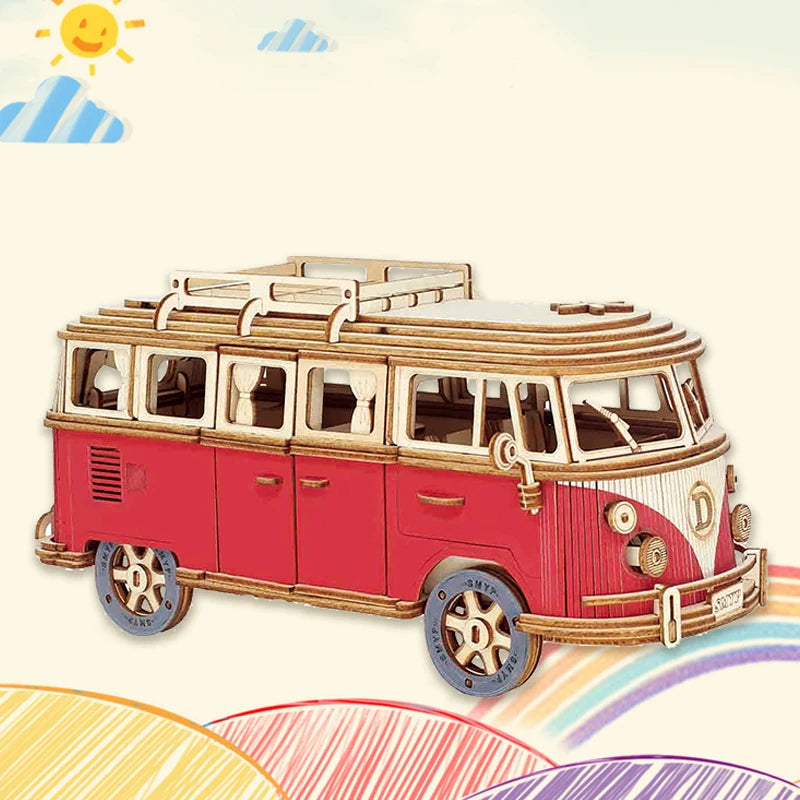Retro Campervan 3D Wooden Puzzle – European-Style DIY Model Kit for Kids & Collectors
