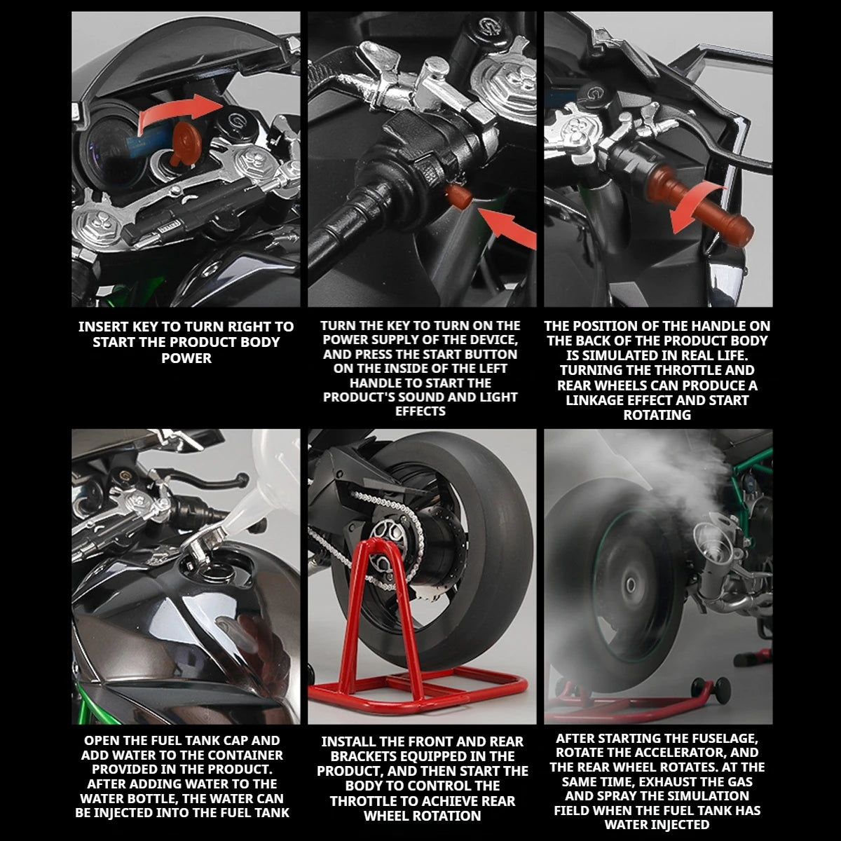 1:6 Kawasaki H2R Diecast Motorcycle Model – Dynamic Alloy Bike with Sound, Light & Spray Effects