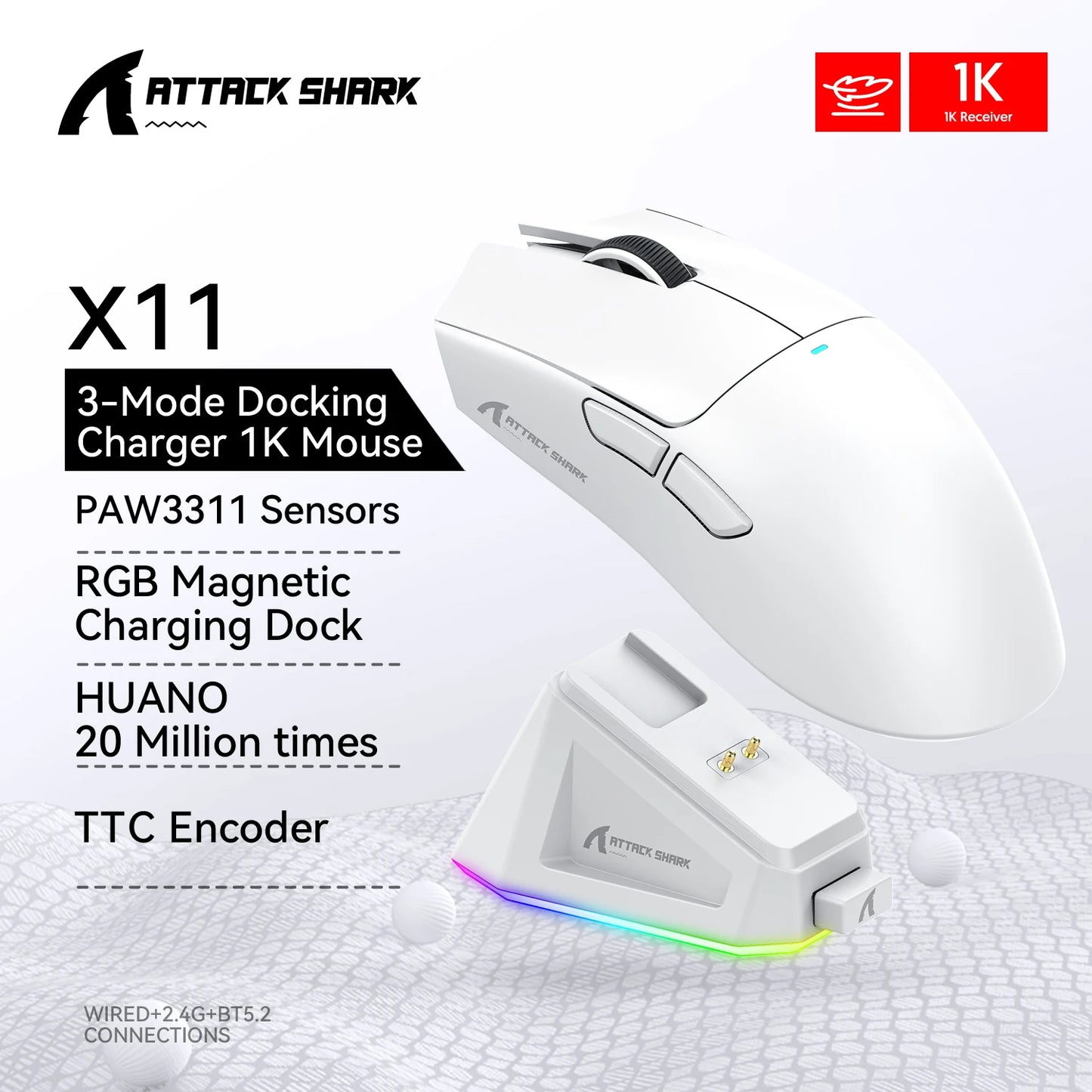 Attack Shark X11 Tri-Mode Gaming Mouse – RGB + Magnetic Charging Dock