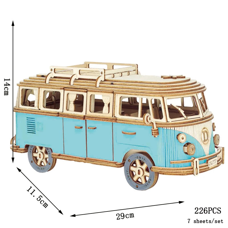 Retro Campervan 3D Wooden Puzzle – European-Style DIY Model Kit for Kids & Collectors