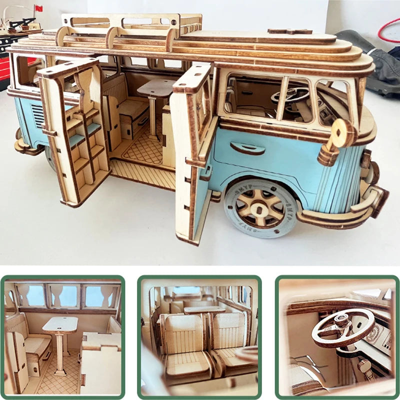 Retro Campervan 3D Wooden Puzzle – European-Style DIY Model Kit for Kids & Collectors