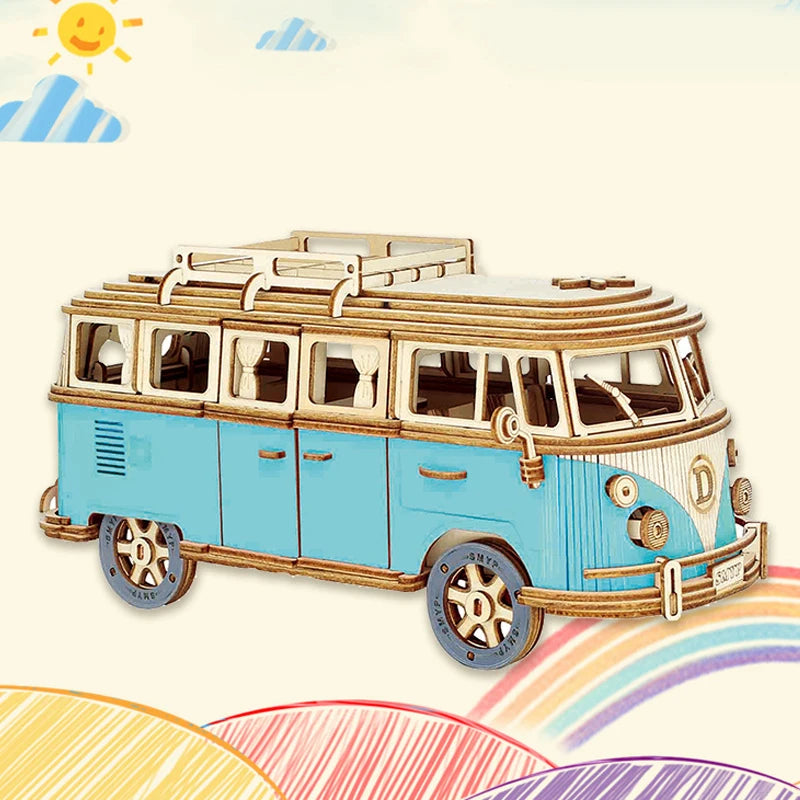 Retro Campervan 3D Wooden Puzzle – European-Style DIY Model Kit for Kids & Collectors