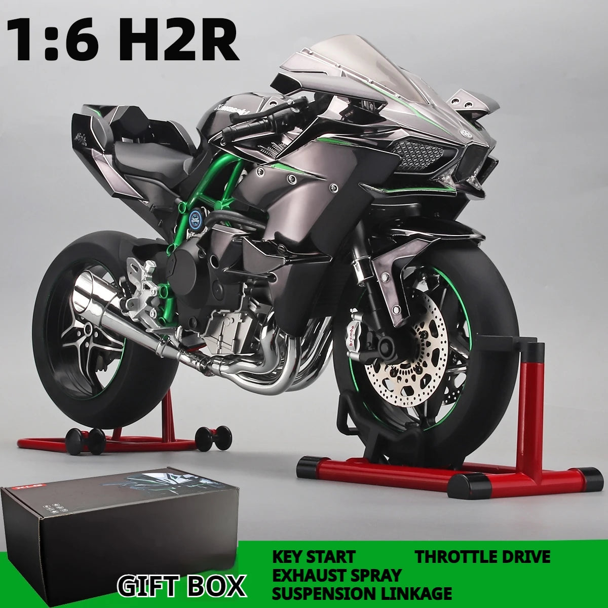1:6 Kawasaki H2R Diecast Motorcycle Model – Dynamic Alloy Bike with Sound, Light & Spray Effects