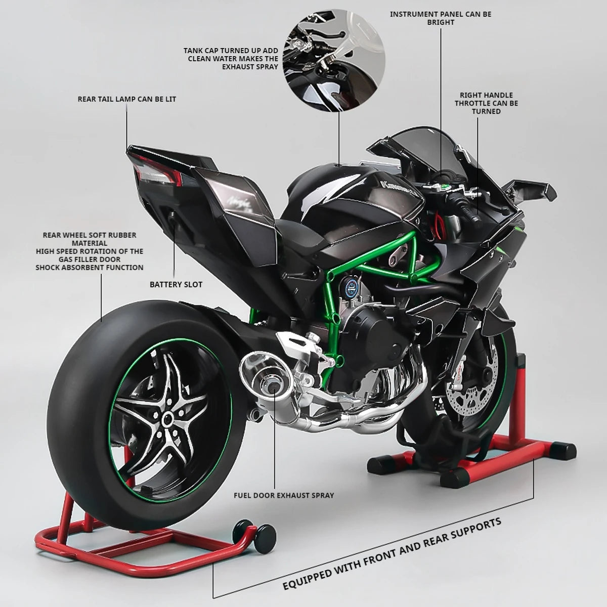 1:6 Kawasaki H2R Diecast Motorcycle Model – Dynamic Alloy Bike with Sound, Light & Spray Effects