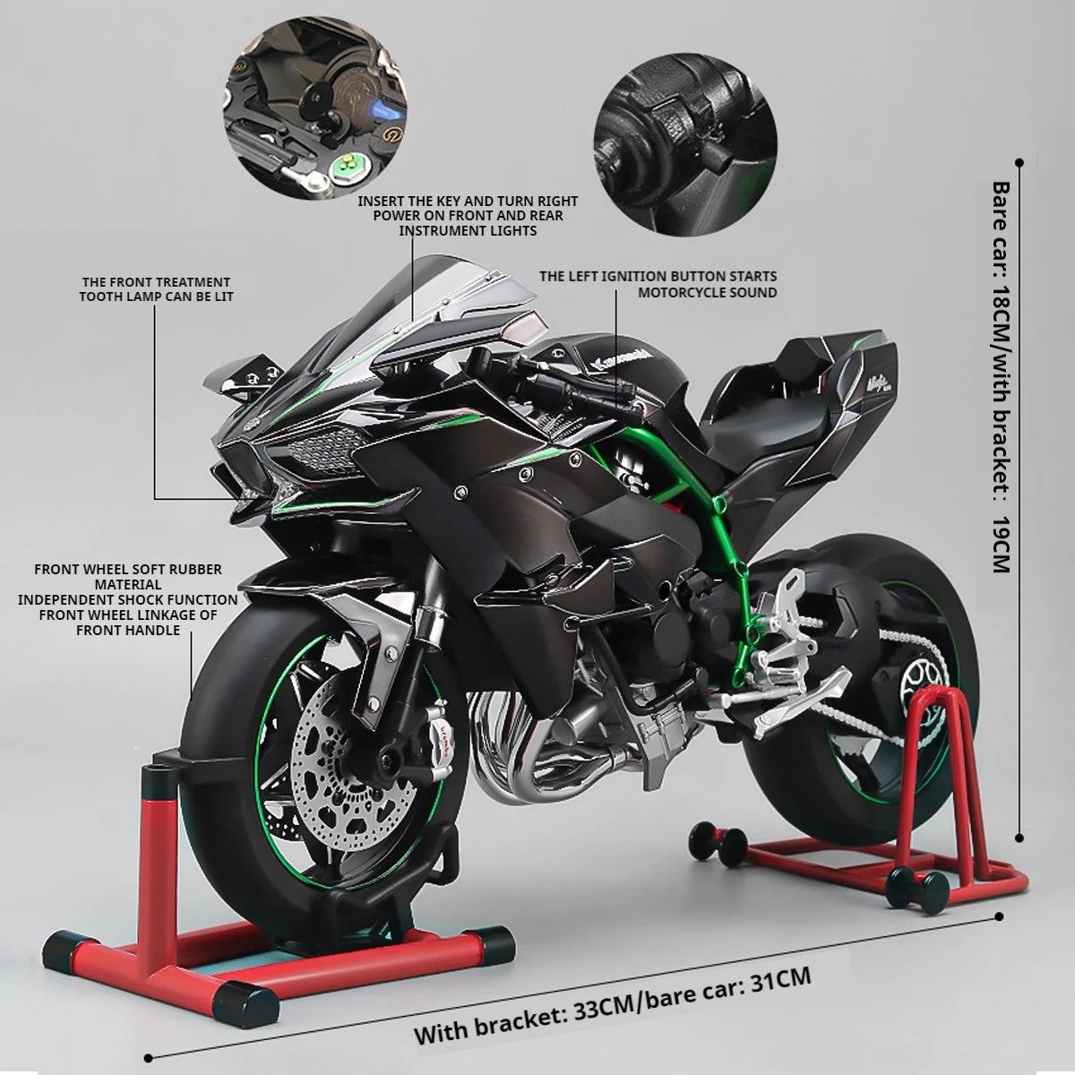 1:6 Kawasaki H2R Diecast Motorcycle Model – Dynamic Alloy Bike with Sound, Light & Spray Effects
