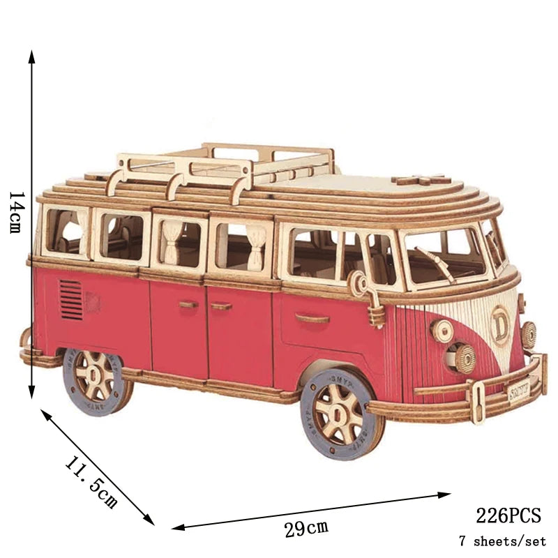 Retro Campervan 3D Wooden Puzzle – European-Style DIY Model Kit for Kids & Collectors