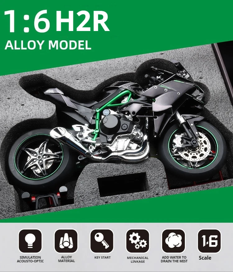 1:6 Kawasaki H2R Diecast Motorcycle Model – Dynamic Alloy Bike with Sound, Light & Spray Effects