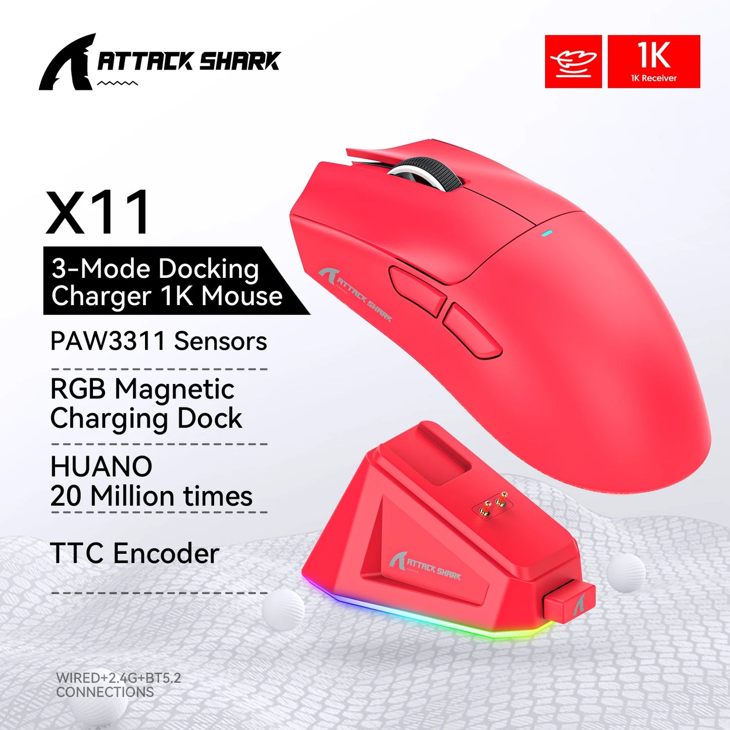 Attack Shark X11 Tri-Mode Gaming Mouse – RGB + Magnetic Charging Dock