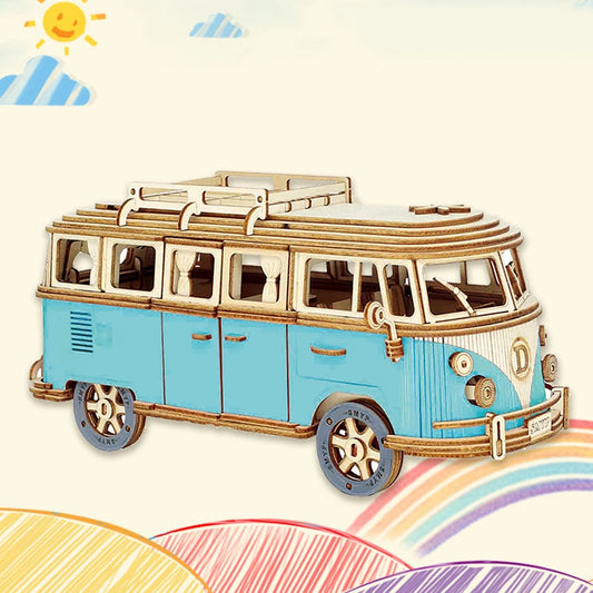Retro Campervan 3D Wooden Puzzle – European-Style DIY Model Kit for Kids & Collectors