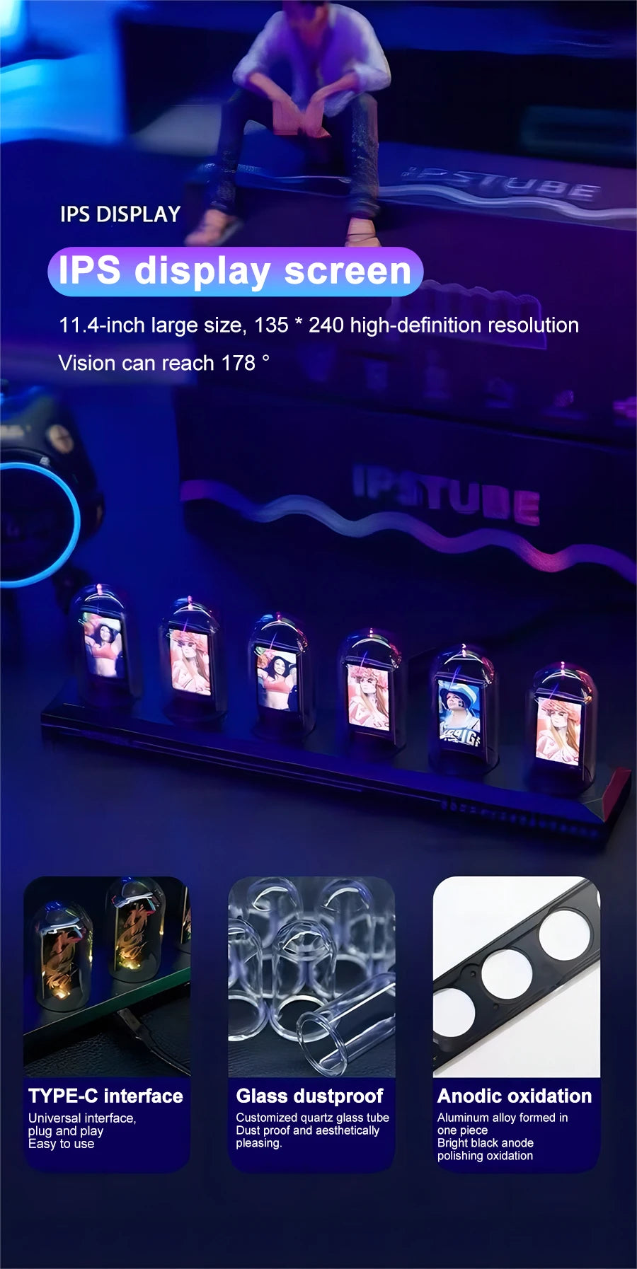 RGB IPS Nixie Tube Clock – LED Glow Display with HD Screen & Wi-Fi Sync
