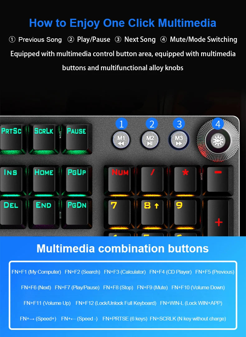 AULA F2088 Mechanical Gaming Keyboard – 104 Keys with Multi-Function Knob